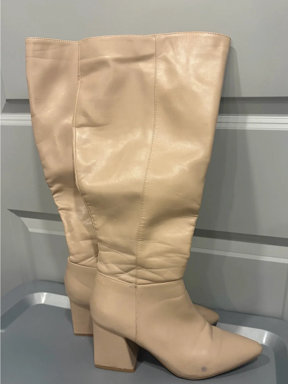 Leather Knee-High Block Heel Boots in Beige- Wide Calf